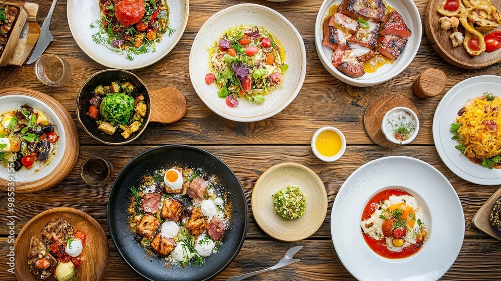Various dishes spread out on a wooden table, isolated with white highlights, ideal for food photography and culinary presentation. Various dishes spread out on a wooden table, isolated with white highlights, ideal for food photography and culinary presentation.
