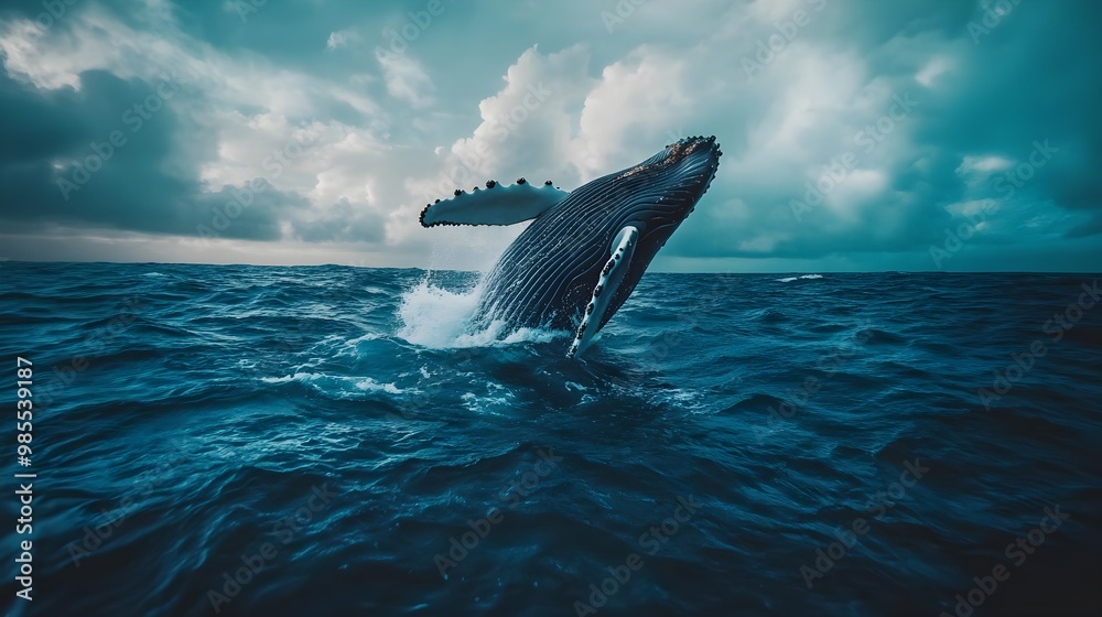 Fototapeta premium A majestic humpback whale breaching the ocean surface, showcasing its immense size and grace against a dramatic sky.