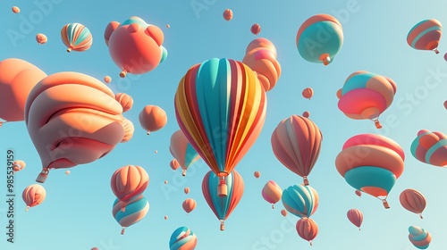 Vibrant and colorful hot air balloons fill the sky in a bright, cheerful scene. photo