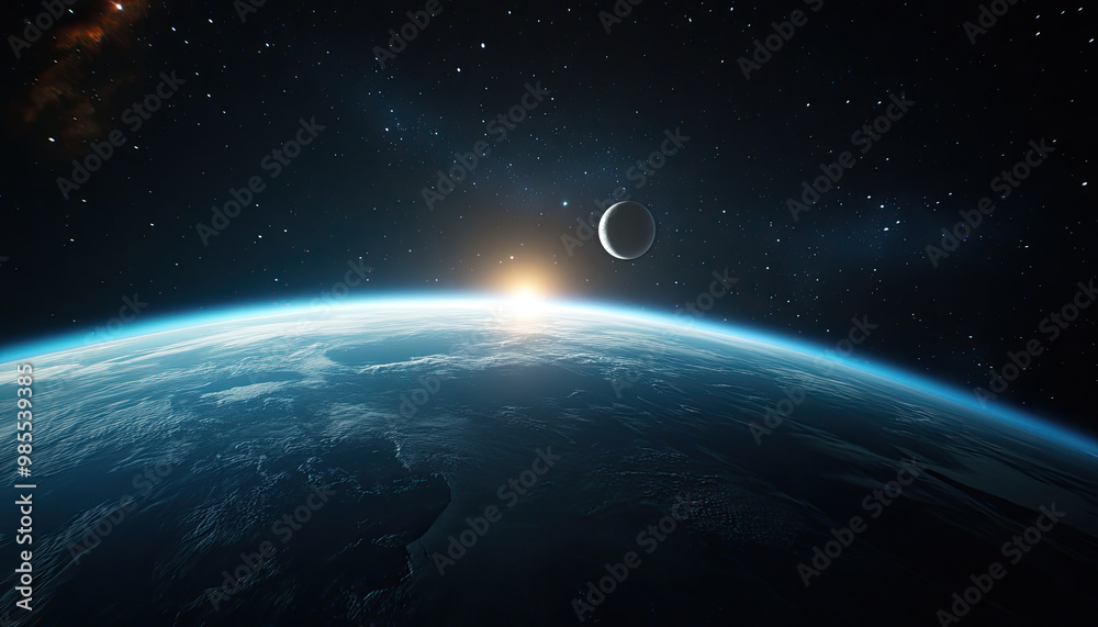 Obraz premium A breathtaking view of Earth from space, highlighting the horizon and a distant sunrise under a starry sky.