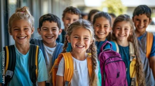 A group of cheerful children stands together with their backpacks, smiling brightly in front of their school on a sunny day, excited for the school year ahead