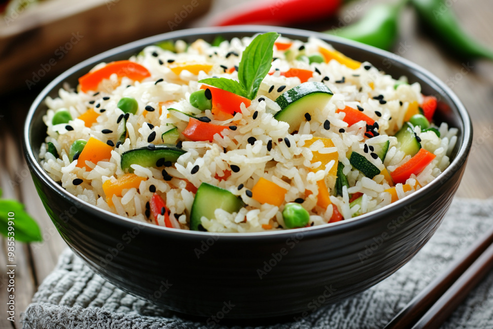 Vibrant stir-fried rice with colorful vegetables like peppers, zucchini, and carrots. The rice is fluffy and well-mixed, served in a simple bowl with chopsticks on the side. Vibrant stir-fried rice with colorful vegetables like peppers, zucchini, and carrots. The rice is fluffy and well-mixed, served in a simple bowl with chopsticks on the side.
