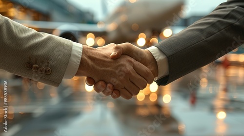 Two business professionals shaking hands in front of an airplane airport, symbolizing an airline takeover.Mergers, business agreements, financial transactions, success, airline industry.