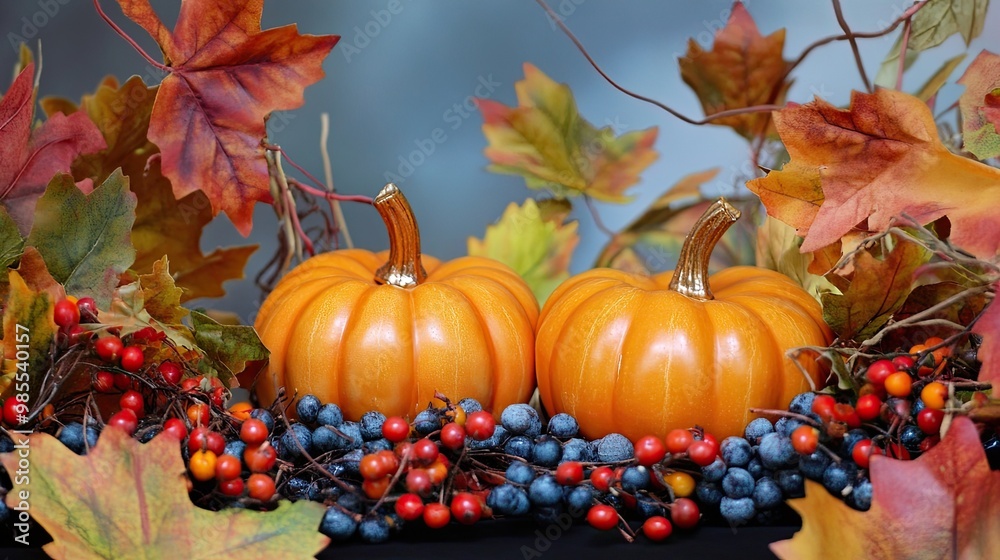 Vibrant autumn scene featuring pumpkins, colorful leaves, and berries arranged in a festive display, capturing the essence of fall harvest and celebrations. Vibrant autumn scene featuring pumpkins, colorful leaves, and berries arranged in a festive display, capturing the essence of fall harvest and celebrations.