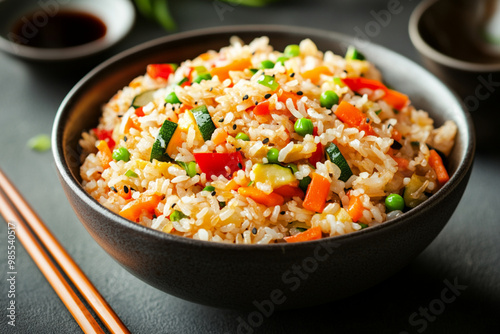 Vibrant stir-fried rice with colorful vegetables like peppers, zucchini, and carrots. The rice is fluffy and well-mixed, served in a simple bowl with chopsticks on the side. 