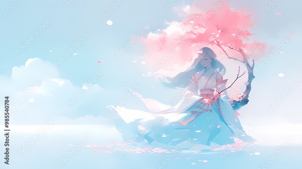 A serene woman in traditional attire beneath a cherry blossom tree. A serene woman in traditional attire beneath a cherry blossom tree.