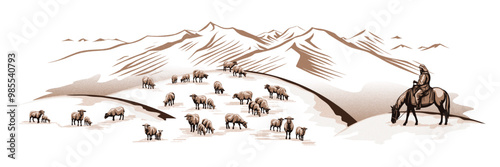 Sketch on the topic of life in Central Asia, a shepherd herding a flock of sheep against a mountain backdrop, vector illustration	
