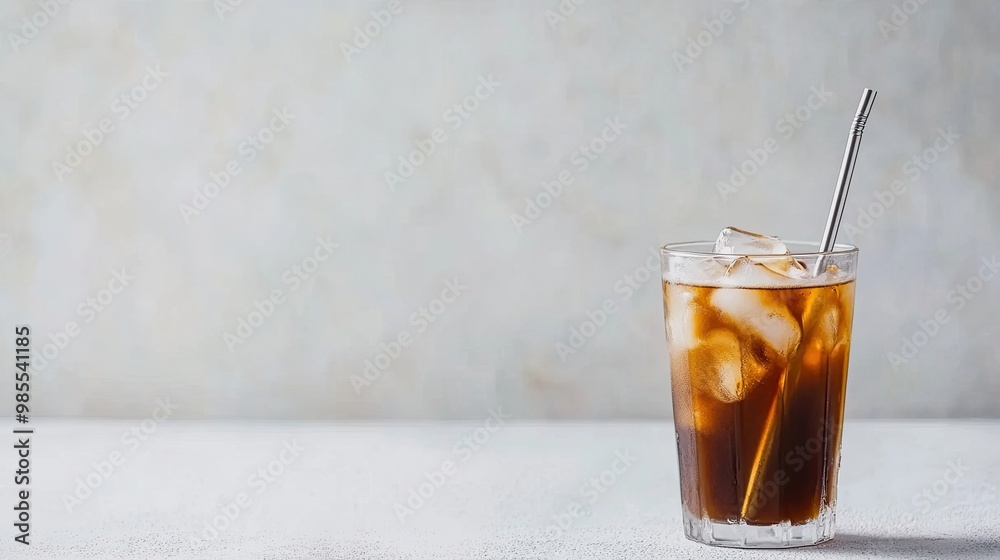 Vibrant Iced Cold Brew Coffee with Metal Straw in Minimalist Setting, Showcasing Refreshing Beverage in Stylish, Clean Background Perfect for Product Display. Vibrant Iced Cold Brew Coffee with Metal Straw in Minimalist Setting, Showcasing Refreshing Beverage in Stylish, Clean Background Perfect for Product Display.