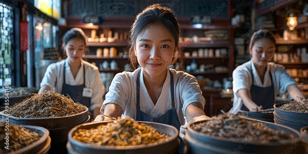 Traditional Chinese medicine practitioners preparing herbal remedies in an old apothecary shop, surrounded by drawers filled with dried herbs and roots Traditional Chinese medicine practitioners preparing herbal remedies in an old apothecary shop, surrounded by drawers filled with dried herbs and roots