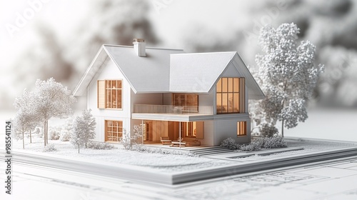 Architectural 3D house model with a blueprint, illustrating the vision and planning of a detailed home project. photo