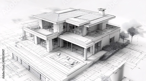 Blueprint and 3D model of a house project, highlighting the architectural vision and detailed design elements. photo