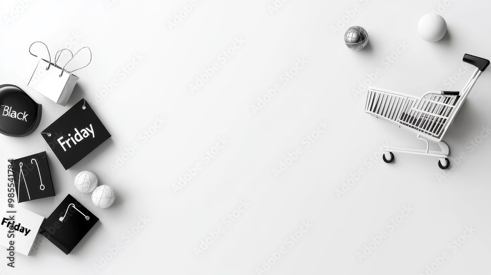A Black Friday clip art featuring a minimalist design with black and white shopping icons, sale tags, and A Black Friday clip art featuring a minimalist design with black and white shopping icons, sale tags, and