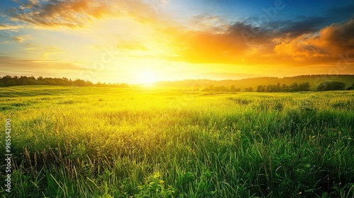 Vibrant Sunrise Over Lush Meadow Symbolizing Renewal and Hope: Beautiful Sunrise Over Green Meadow Capturing Themes of Renewal and Hopefulness.