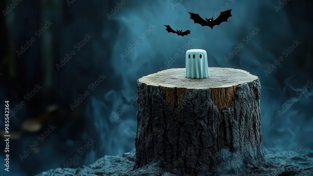 A whimsical ghost figure sits atop a wooden stump, surrounded by a misty, eerie atmosphere with flying bats in the backdrop. A whimsical ghost figure sits atop a wooden stump, surrounded by a misty, eerie atmosphere with flying bats in the backdrop.