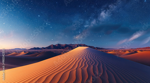 A vast desert under a star-filled sky, with the sand dunes stretching out into the distance, and the stars casting a soft, silvery light on the landscape. Generative AI. photo