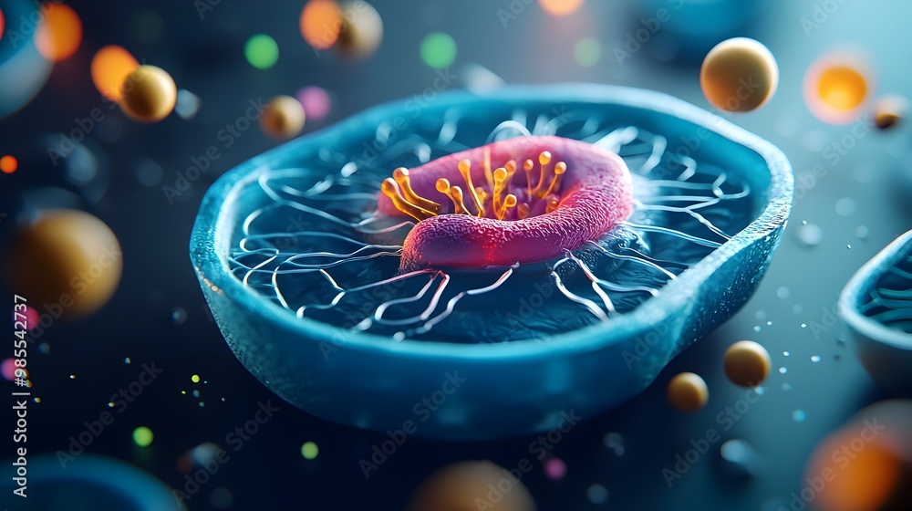 Fototapeta premium Detailed 3D Visualization of Complex Cellular Structure with Vibrant Organelles and Membrane