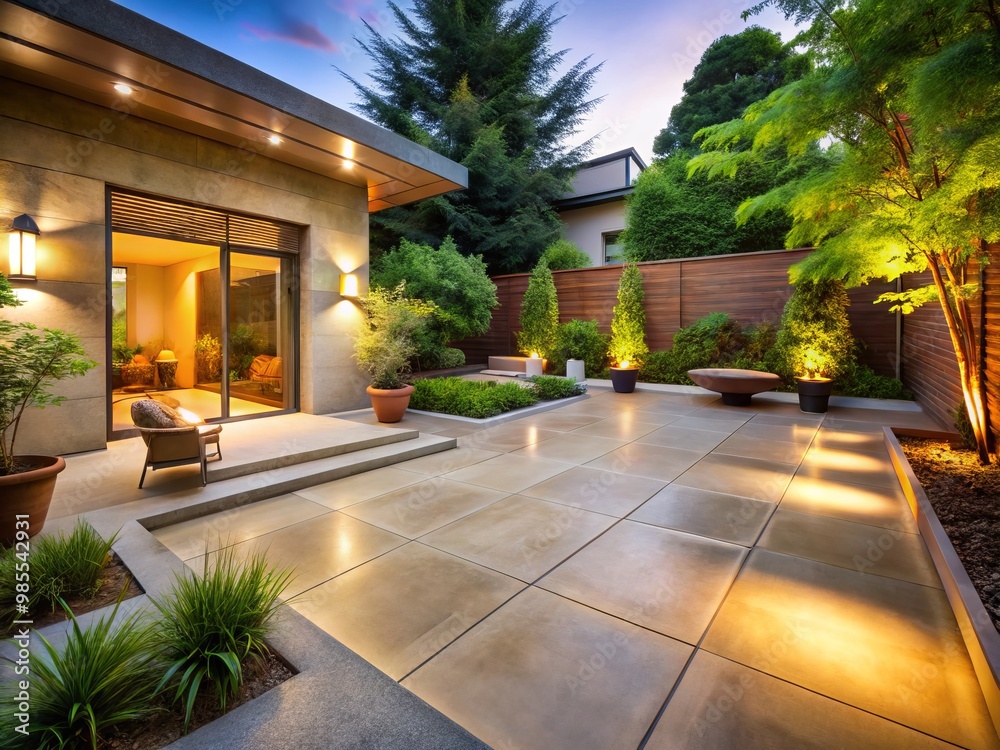 Concrete patio glows warmly, its clean lines and textured surface offset by lush greenery and a natural stone Concrete patio glows warmly, its clean lines and textured surface offset by lush greenery and a natural stone