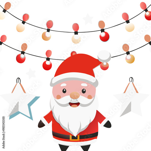 Jolly Santa Under Twinkling Lights: A cheerful Santa Claus, decked out in his classic red suit, stands beneath a string of festive Christmas lights, radiating holiday cheer. 