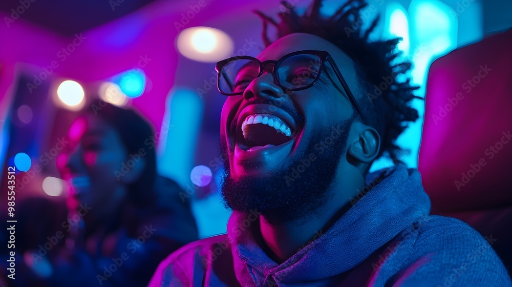 Friends Joyfully Laughing While Enjoying a Comedy Movie in Cozy Home Setting Friends Joyfully Laughing While Enjoying a Comedy Movie in Cozy Home Setting