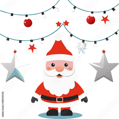 Jolly Santa Claus with Christmas Lights and Stars: Santa Claus in his iconic red suit stands cheerfully beneath twinkling Christmas lights and sparkling stars, spreading holiday cheer.