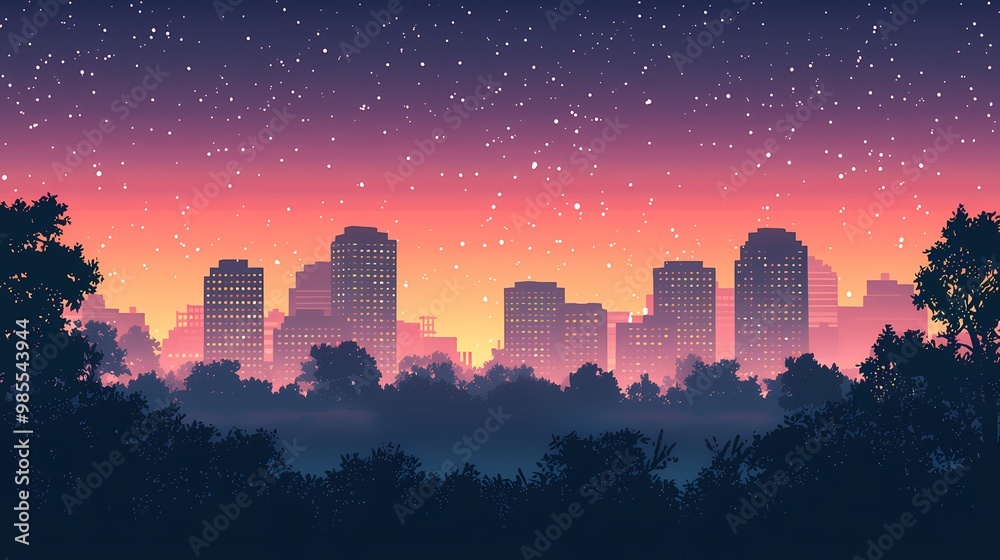 Colorful skyline at dusk with stars and silhouettes of buildings, creating a serene mood. Colorful skyline at dusk with stars and silhouettes of buildings, creating a serene mood.