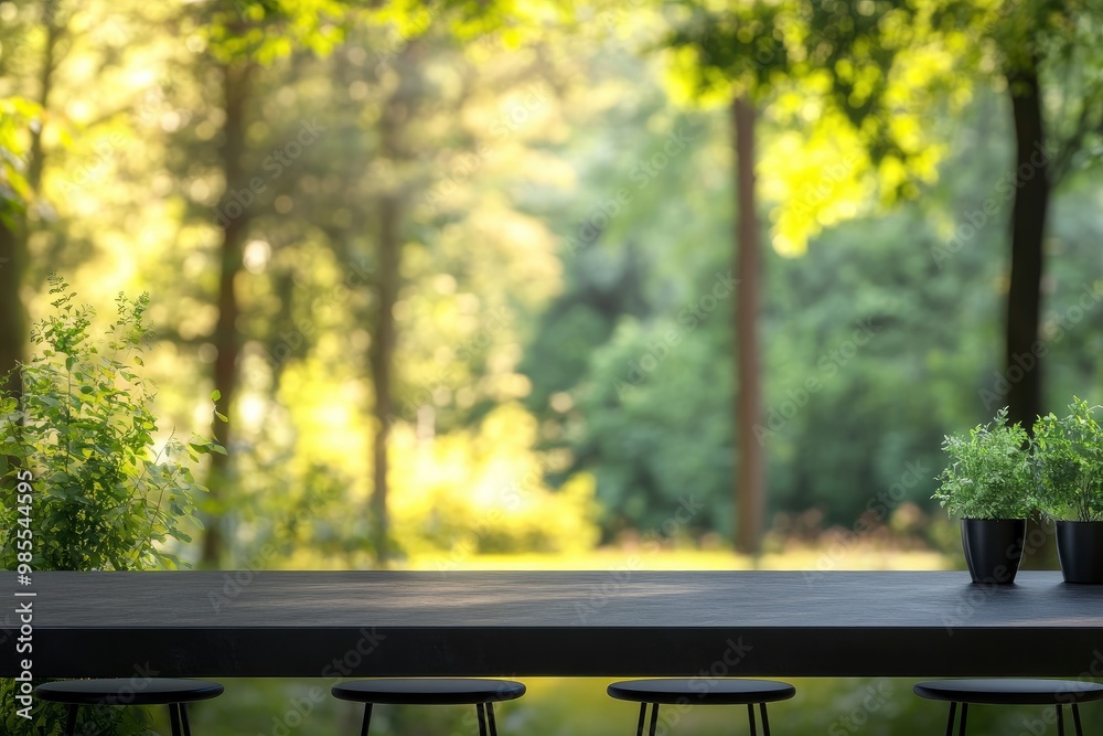 Naklejka premium Copy space on modern black dining table, stools over blurred green forrest view in background with generative ai