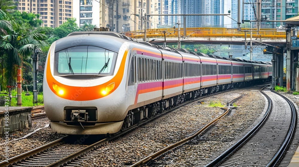 Naklejka premium A modern train navigating urban tracks, showcasing the blend of technology and city infrastructure in motion.