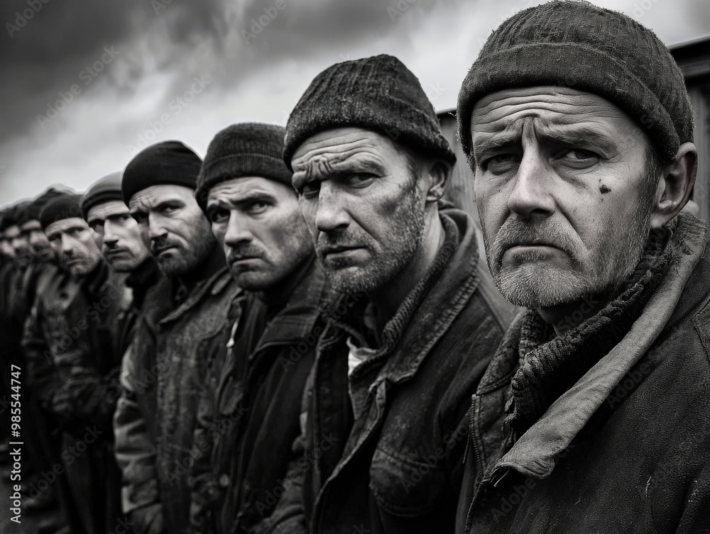 Workers standing in line outside a closed factory, faces filled with despair, while dark clouds gather in the sky Workers standing in line outside a closed factory, faces filled with despair, while dark clouds gather in the sky