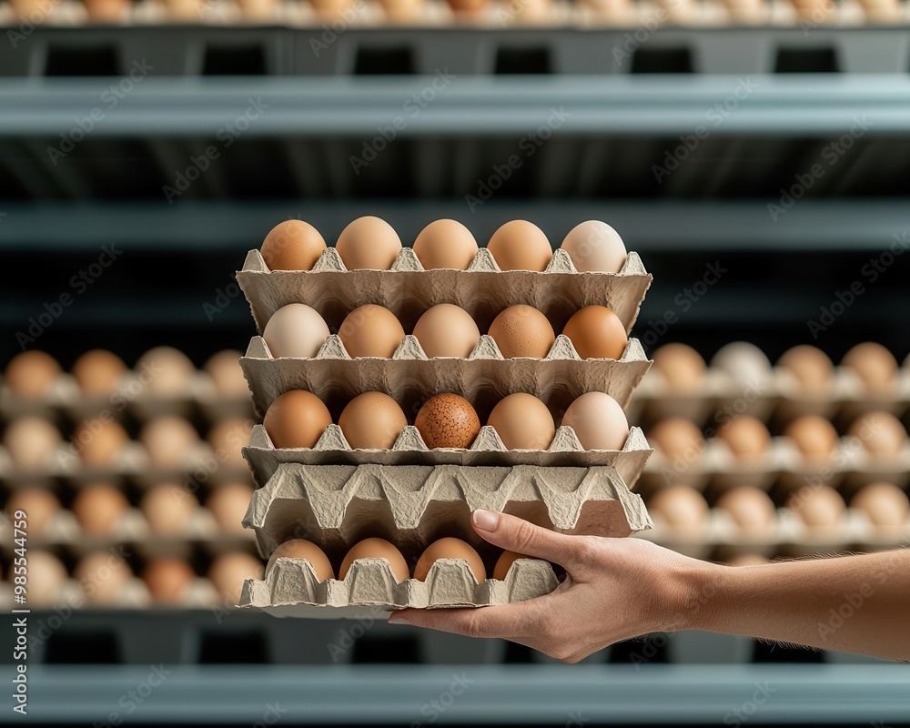 A person stacking recyclable egg cartons in a storage space, symbolizing the ease of recycling and the importance of sustainable habits in everyday life A person stacking recyclable egg cartons in a storage space, symbolizing the ease of recycling and the importance of sustainable habits in everyday life