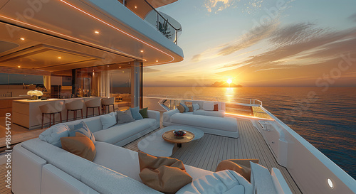 A modern yacht deck with outdoor seating and an open kitchen, overlooking the ocean at sunset. In front of it is a large window that reveals part of a luxurious living room. Generative AI. photo