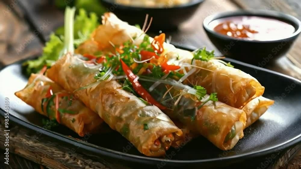 Crispy Fried Spring Rolls with Dipping Sauce and Fresh Greens - Asian Cuisine Crispy Fried Spring Rolls with Dipping Sauce and Fresh Greens - Asian Cuisine