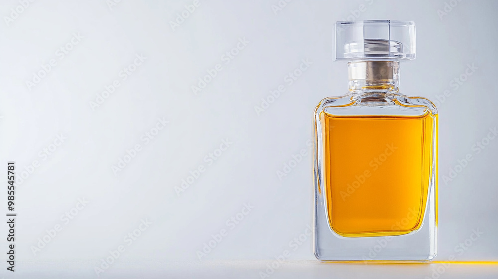 close up of glass bottle filled with golden liquid, showcasing its elegant design and clarity. light background enhances bottles features, creating sophisticated look close up of glass bottle filled with golden liquid, showcasing its elegant design and clarity. light background enhances bottles features, creating sophisticated look