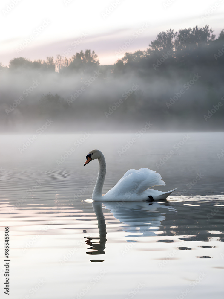 Fototapeta premium Elegant Swan Gliding on a Misty Morning Lake