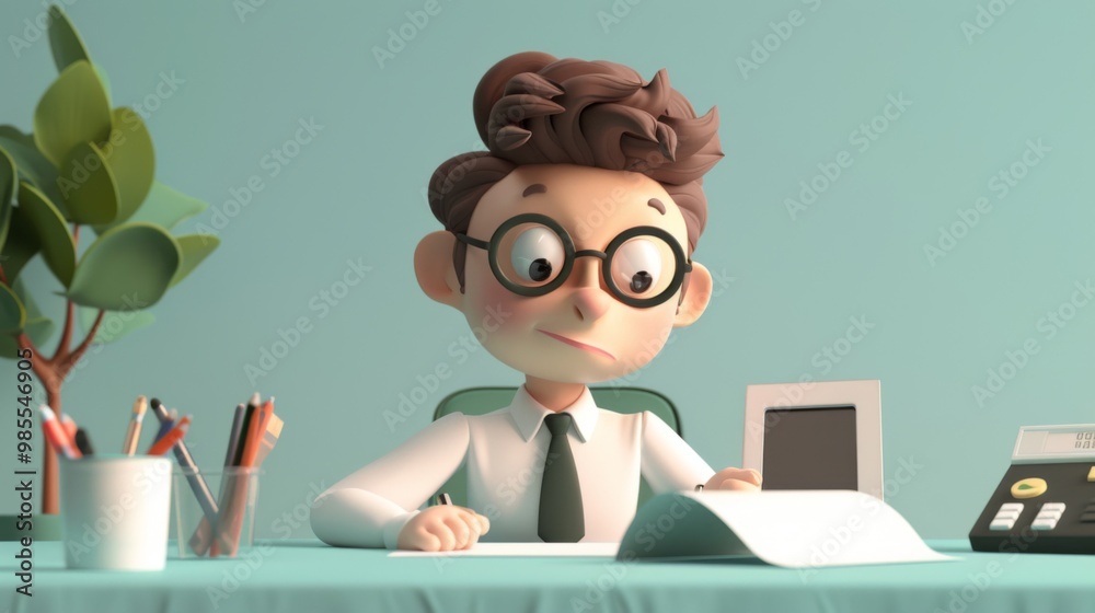 Cartoon Accountant in Minimalist 3D Office Setting Cartoon Accountant in Minimalist 3D Office Setting