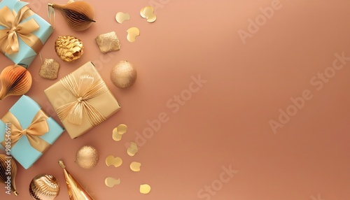 3D render of HAPPY New Year banner template. Flat lay composition with ornaments, wrapped gift, gold background.