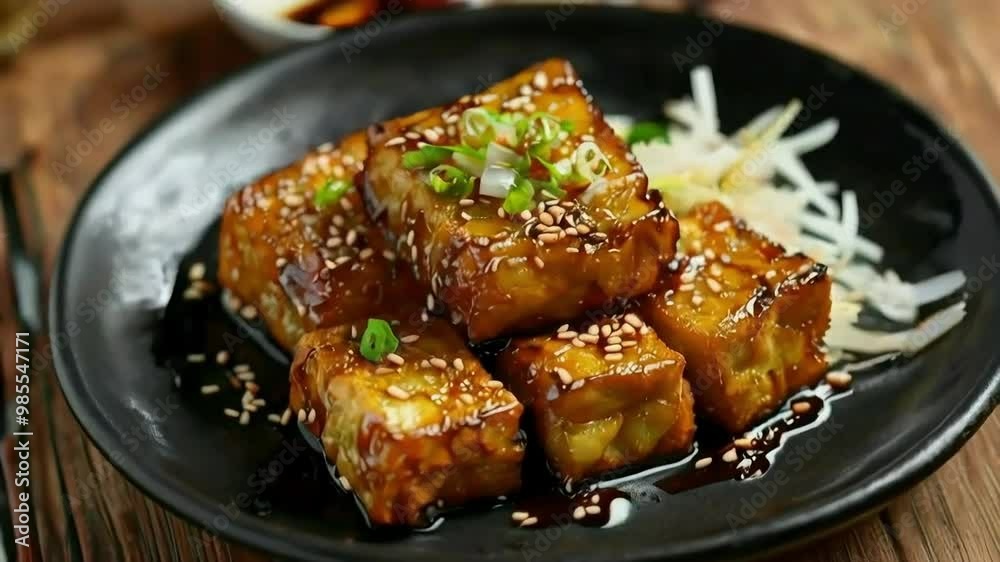 Crispy Tofu with Sesame Seeds and Sweet Glaze, Asian Fusion Dish with Green Onion Garnish and a Side of Daikon Crispy Tofu with Sesame Seeds and Sweet Glaze, Asian Fusion Dish with Green Onion Garnish and a Side of Daikon