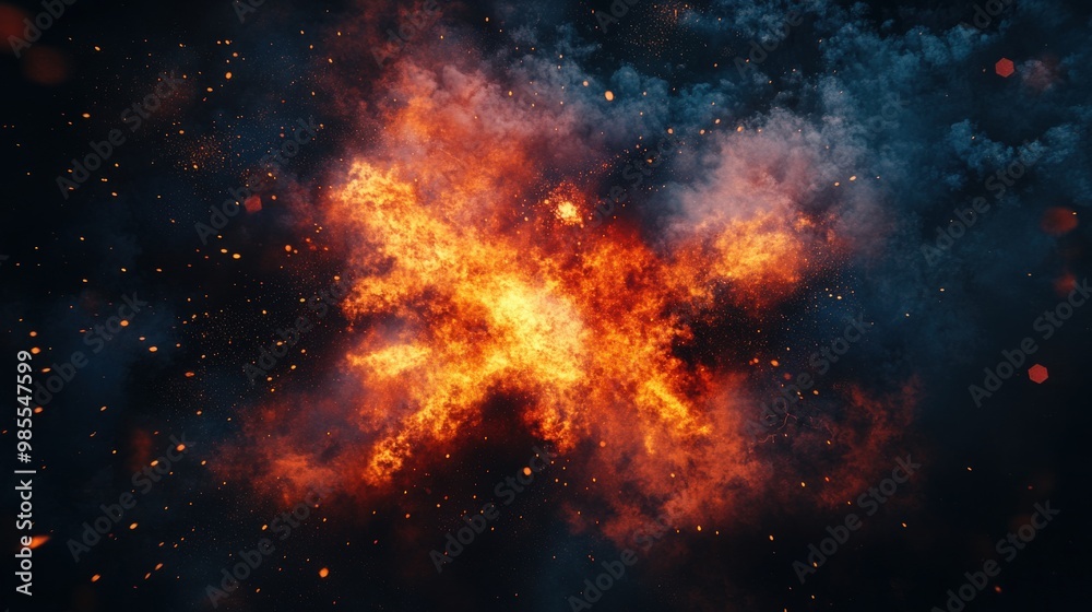 On a black background a fiery explosion with multicolored particles of smoke in the form of a burning flame On a black background a fiery explosion with multicolored particles of smoke in the form of a burning flame