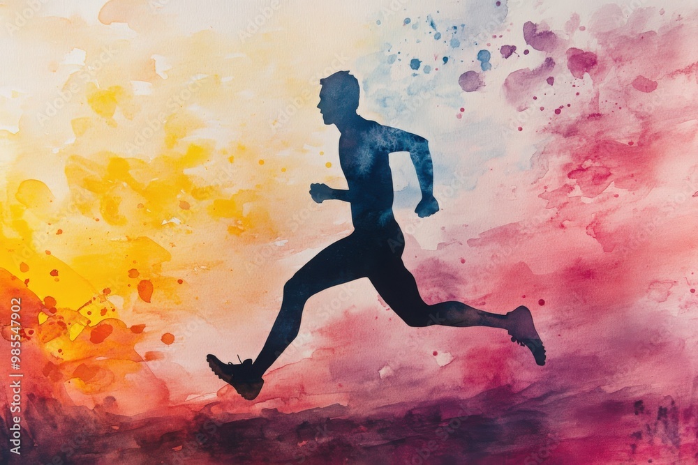Running athlete silhouette drawing watercolor paint Running athlete silhouette drawing watercolor paint
