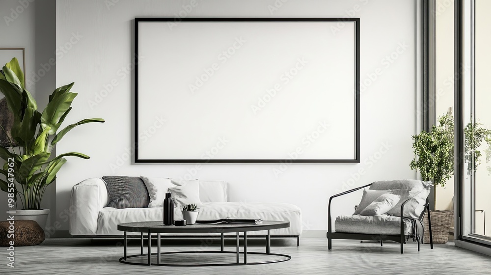 White blank wall with a black frame mockup, placed in a modern living room interior, ideal for showcasing artwork or photography in a stylish, contemporary space. White blank wall with a black frame mockup, placed in a modern living room interior, ideal for showcasing artwork or photography in a stylish, contemporary space.