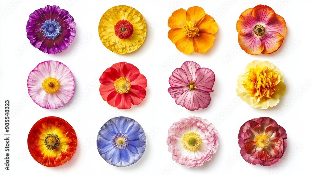 Fototapeta premium A collection of colorful round flower wall panels features diverse floral patterns, creating a lively and artistic display against a clean, white backdrop