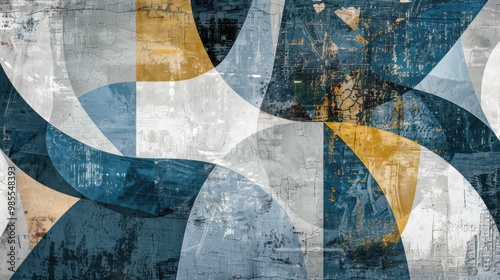 Abstract Mid-Century Geometric Shapes Blue Gray Distorted Scratched Textured Background