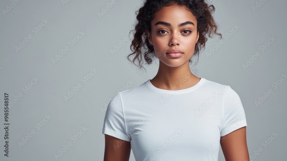 A model poses confidently in a simple white t-shirt, highlighted against a plain background. The focus emphasizes natural beauty and minimalist style in the studio environment A model poses confidently in a simple white t-shirt, highlighted against a plain background. The focus emphasizes natural beauty and minimalist style in the studio environment