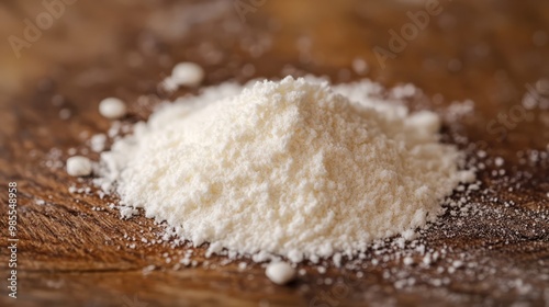 Flour Power: A pristine pile of all-purpose flour sits on a rustic wooden surface, ready for culinary creations.  