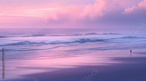 A serene coastal scene at sunset with a solitary figure on the pink-hued beach.