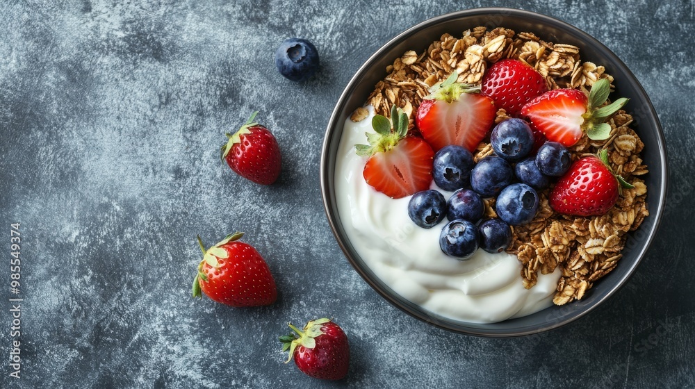 Enjoy a delicious bowl featuring crunchy granola blended with creamy yogurt, adorned with fresh blueberries and strawberries, perfect for a healthy breakfast Enjoy a delicious bowl featuring crunchy granola blended with creamy yogurt, adorned with fresh blueberries and strawberries, perfect for a healthy breakfast