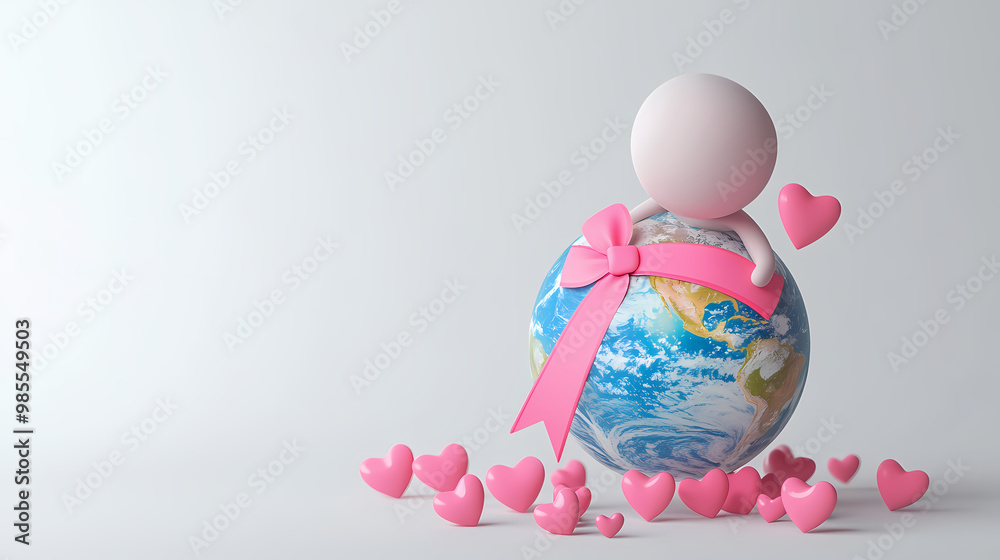 3D character is placing pink ribbon around globe, symbolizing love and care for planet. scene is filled with pink hearts, creating warm and affectionate atmosphere 3D character is placing pink ribbon around globe, symbolizing love and care for planet. scene is filled with pink hearts, creating warm and affectionate atmosphere