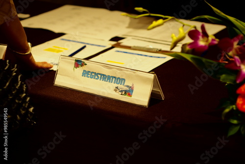 close-up of registration desk, selective focusv photo