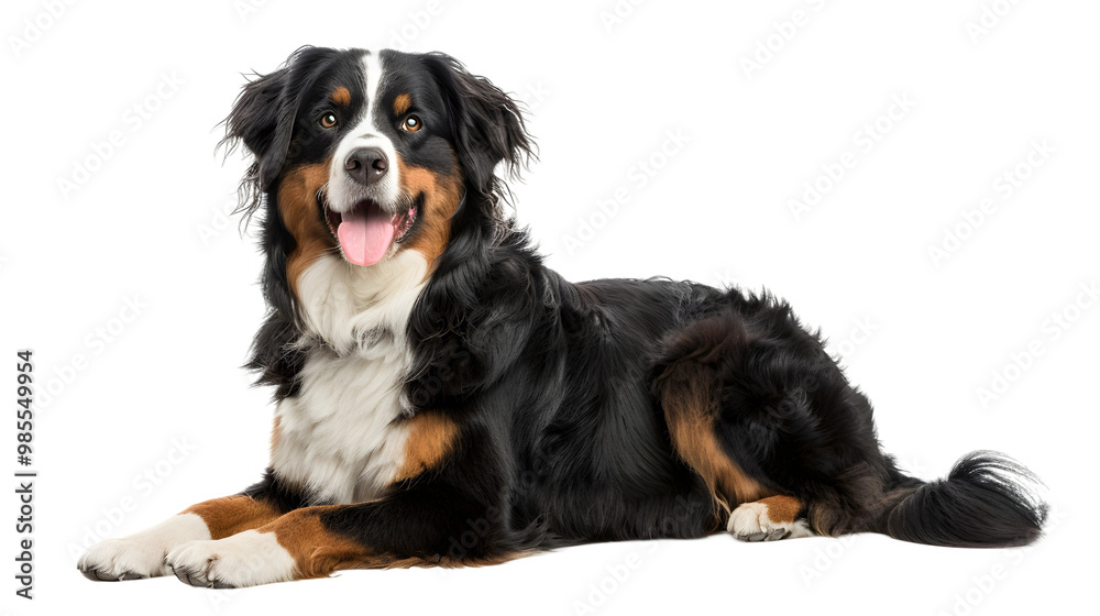 Cheerful Bernese Mountain Dog Enjoying Relaxing Moment on White Background Cheerful Bernese Mountain Dog Enjoying Relaxing Moment on White Background