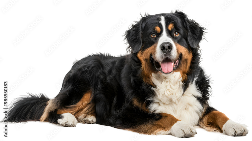 Happy Bernese Mountain Dog Sitting on White Background Happy Bernese Mountain Dog Sitting on White Background