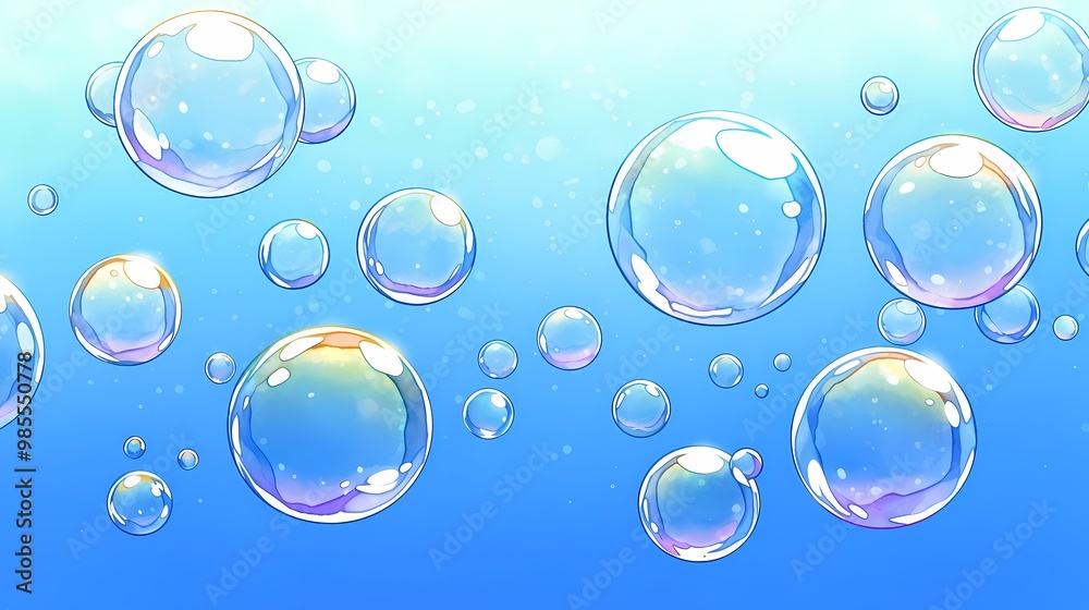 Colorful soap bubbles drifting in a serene blue background. Colorful soap bubbles drifting in a serene blue background.